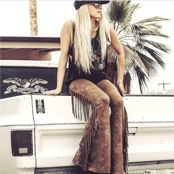 SHORT LENGTH Hip Hugger Fringe Bell Bottoms in SADDLE TIE DYE Sizes XS S M L XL - Picture 3 of 10